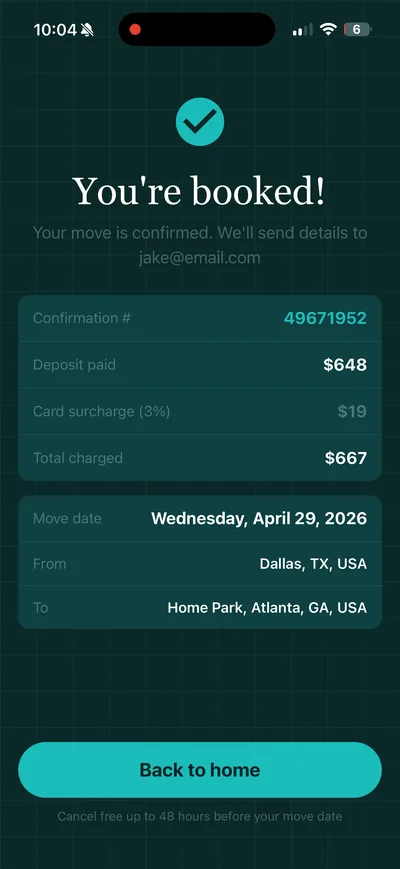 Move booked with Stripe deposit