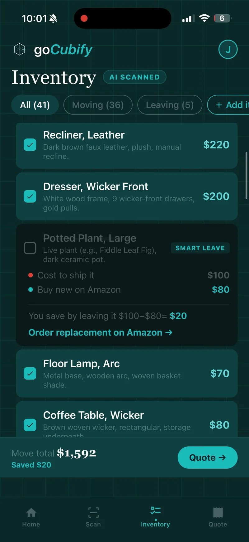 goCubify inventory screen with Smart Leave feature