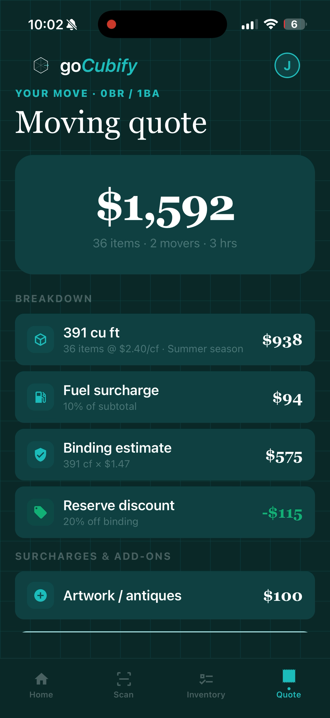 Instant moving quote